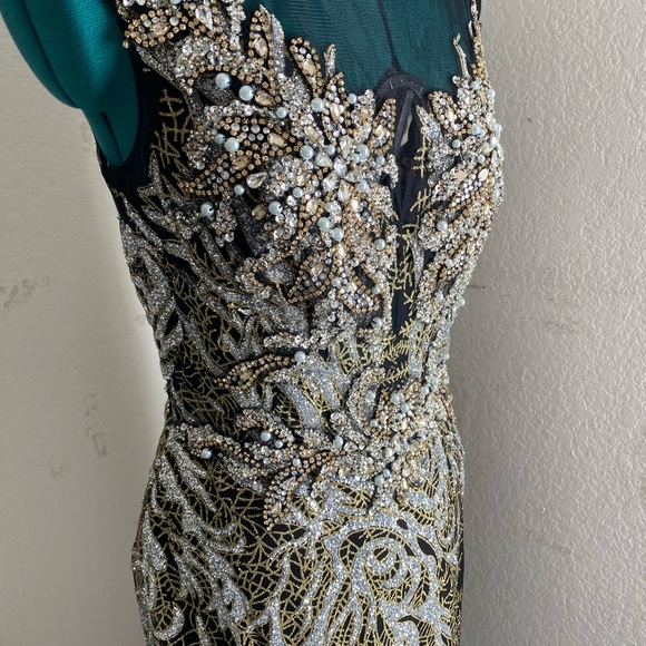 BLACK SILVER GOLD SEQUIN BEADED FORMAL DRESS BY ELIZABETH K SIZE L - Picture 8 of 10